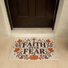 Faith Over Fear Christian fall welcome mat styled with autumn porch decor