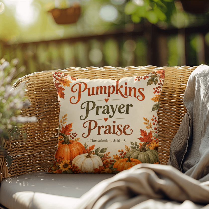 Pumpkins Prayer Praise Christian Fall Pillow – 1 Thessalonians 5:16–18