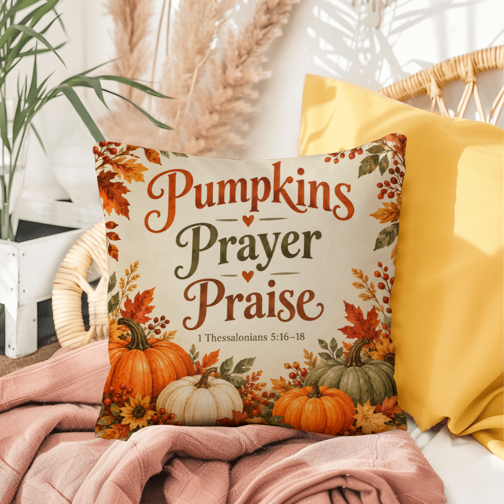 Pumpkins Prayer Praise Christian Fall Pillow – 1 Thessalonians 5:16–18