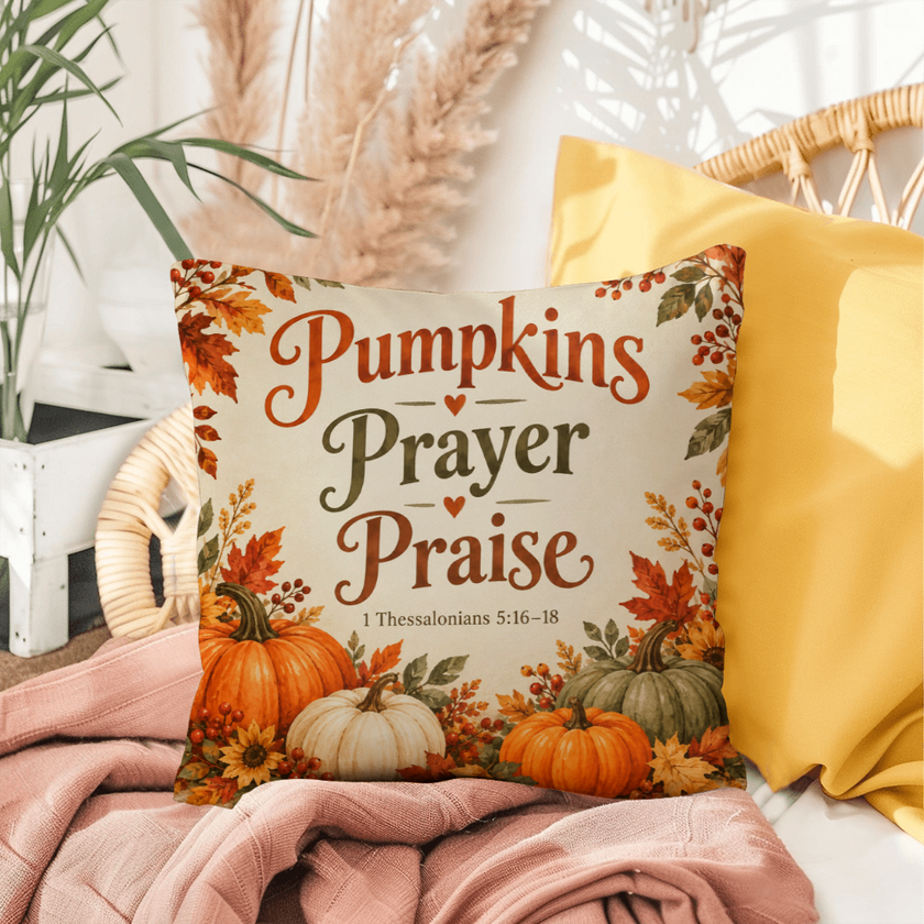 Pumpkins Prayer Praise Christian Fall Pillow – 1 Thessalonians 5:16–18