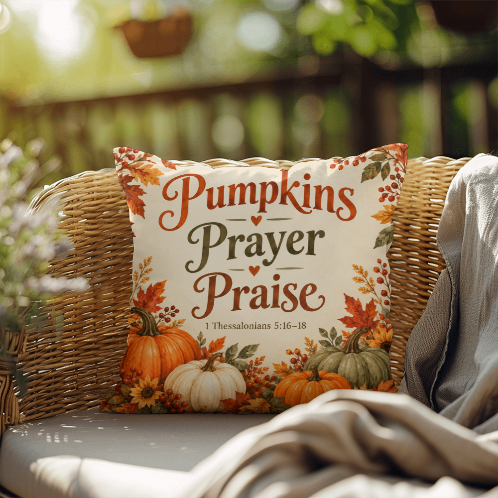 Pumpkins Prayer Praise Christian Fall Pillow – 1 Thessalonians 5:16–18