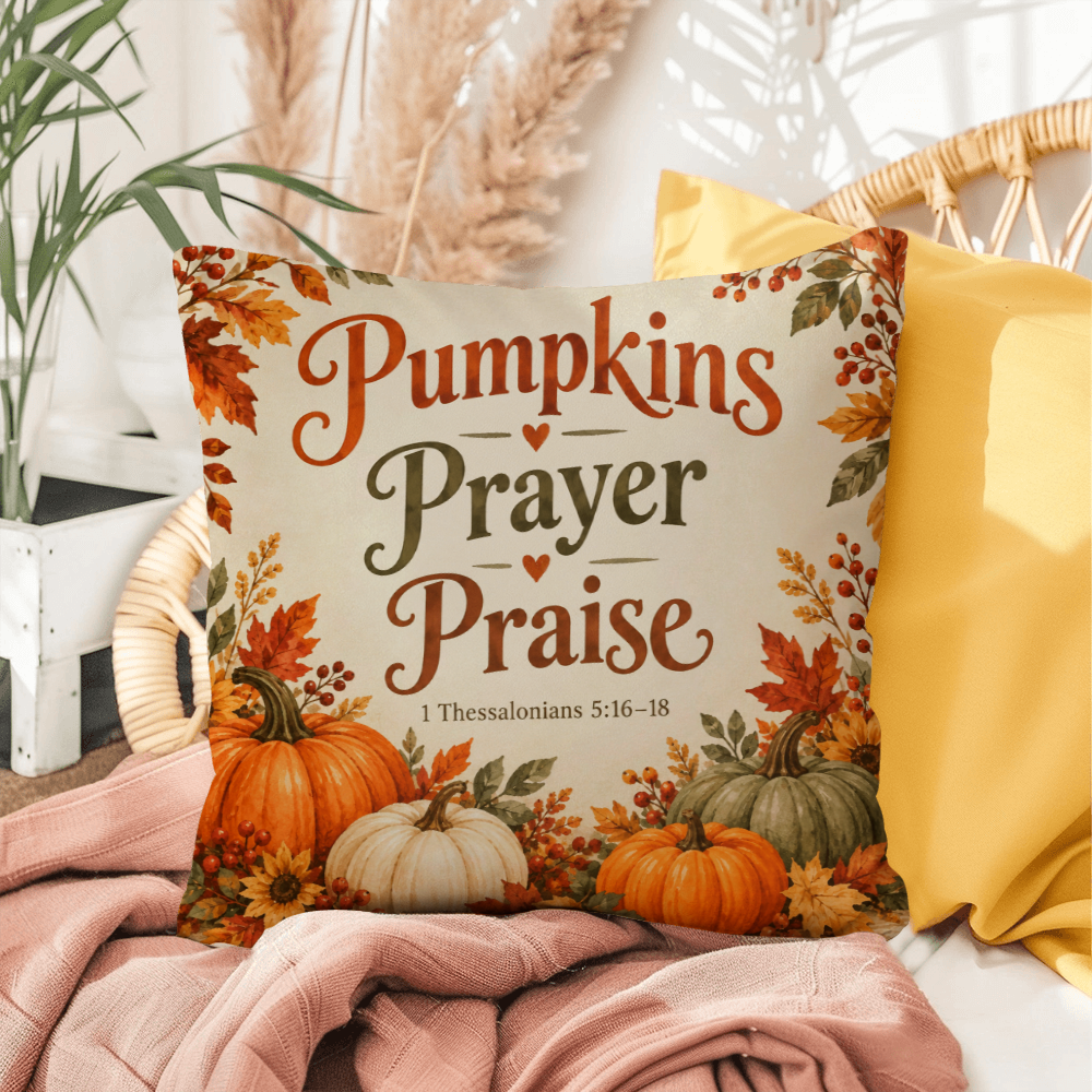 Pumpkins Prayer Praise Christian Fall Pillow – 1 Thessalonians 5:16–18