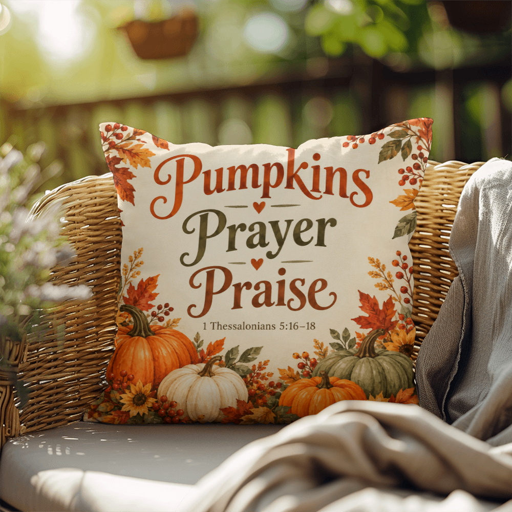 Pumpkins Prayer Praise Christian Fall Pillow – 1 Thessalonians 5:16–18
