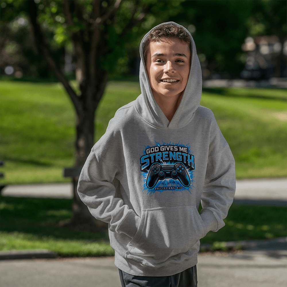 God Gives Me Strength Youth Christian Pullover Hoodie