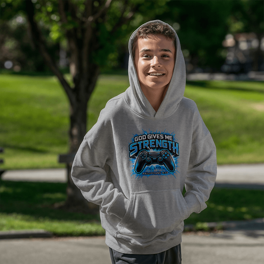 God Gives Me Strength Youth Christian Pullover Hoodie