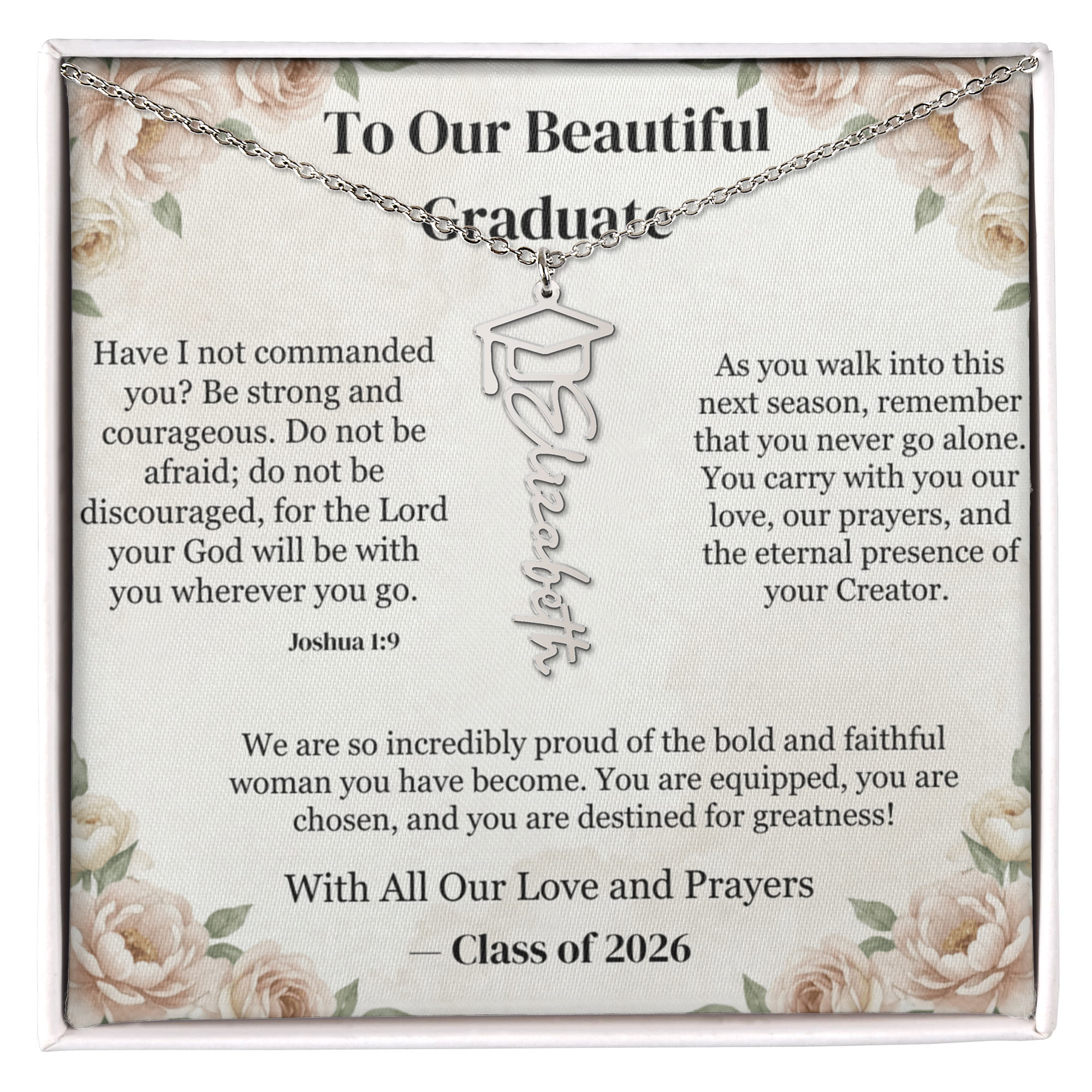 Graduation-themed necklace with inspirational message in a decorative box