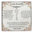Graduation-themed necklace with inspirational message in a decorative box