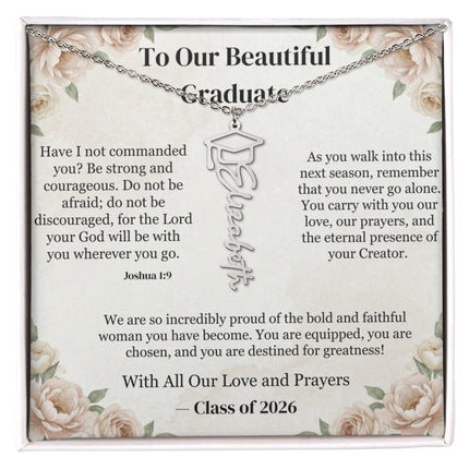 Graduation-themed necklace with inspirational message in a decorative box