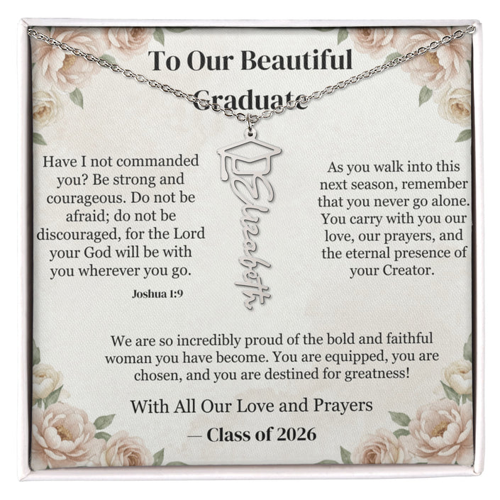 Strength and Courage Joshua 1:9 Personalized Graduation Cap Name Necklace - Christian Graduation Gift for Her - Signature Script Nameplate in Luxury LED Box