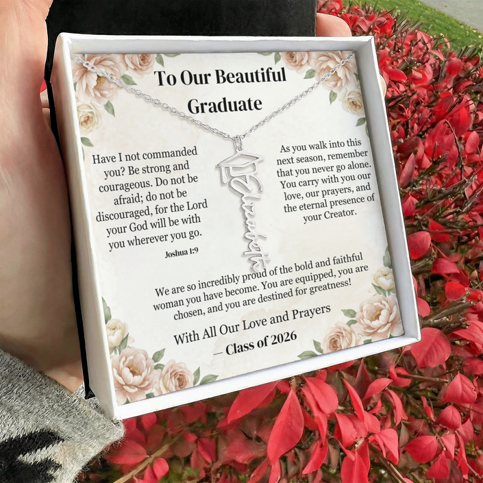 Strength and Courage Joshua 1:9 Personalized Graduation Cap Name Necklace - Christian Graduation Gift for Her - Signature Script Nameplate in Luxury LED Box