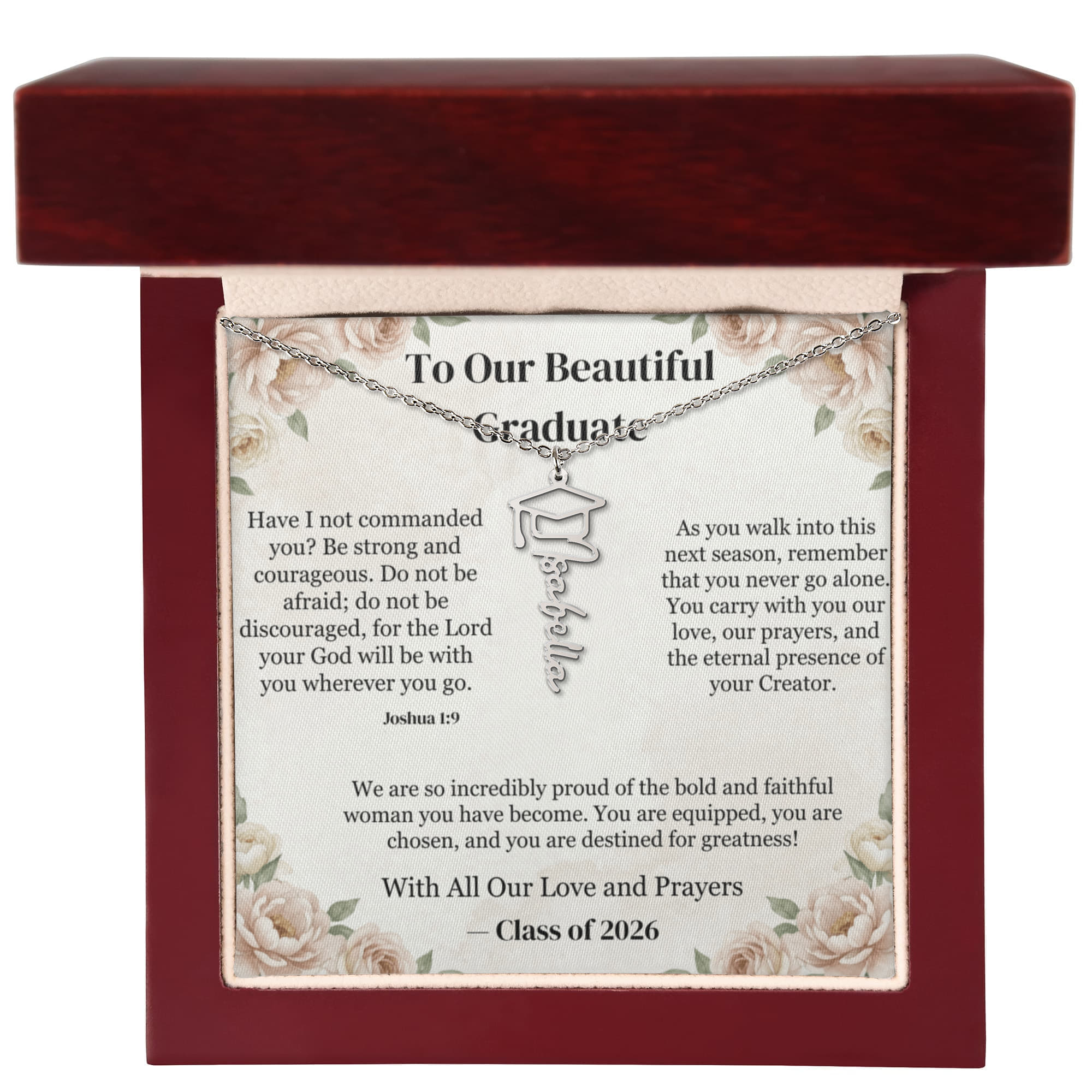 Strength and Courage Joshua 1:9 Personalized Graduation Cap Name Necklace - Christian Graduation Gift for Her - Signature Script Nameplate in Luxury LED Box