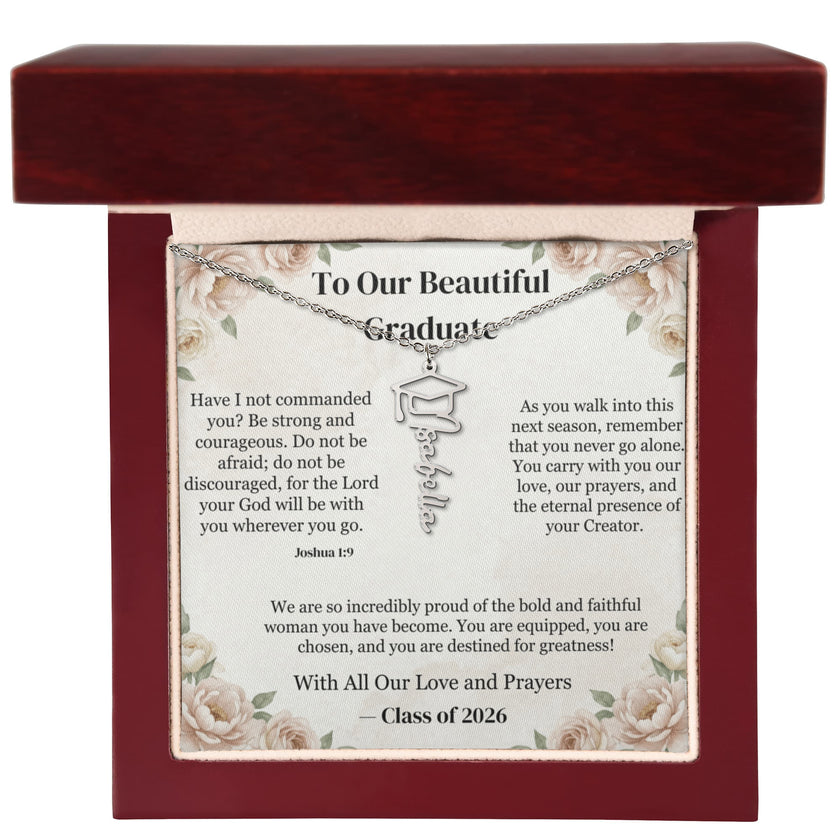 Strength and Courage Joshua 1:9 Personalized Graduation Cap Name Necklace - Christian Graduation Gift for Her - Signature Script Nameplate in Luxury LED Box