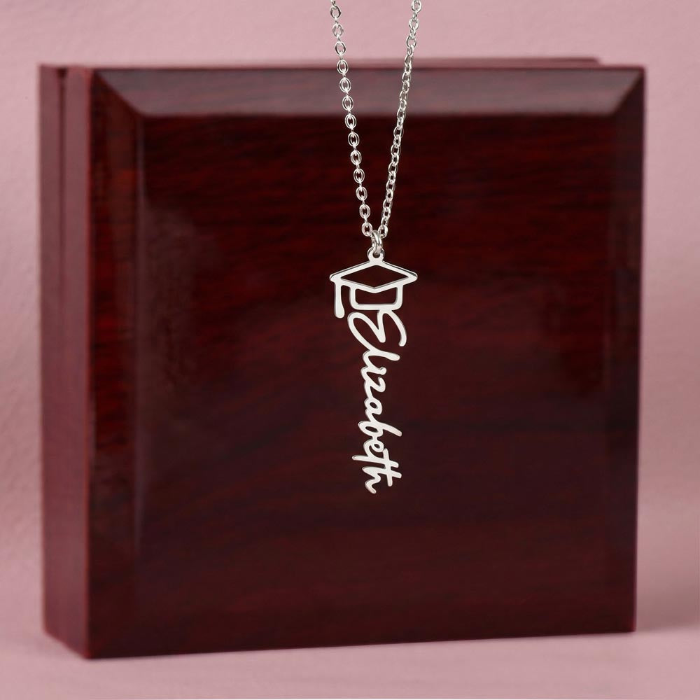 Strength and Courage Joshua 1:9 Personalized Graduation Cap Name Necklace - Christian Graduation Gift for Her - Signature Script Nameplate in Luxury LED Box