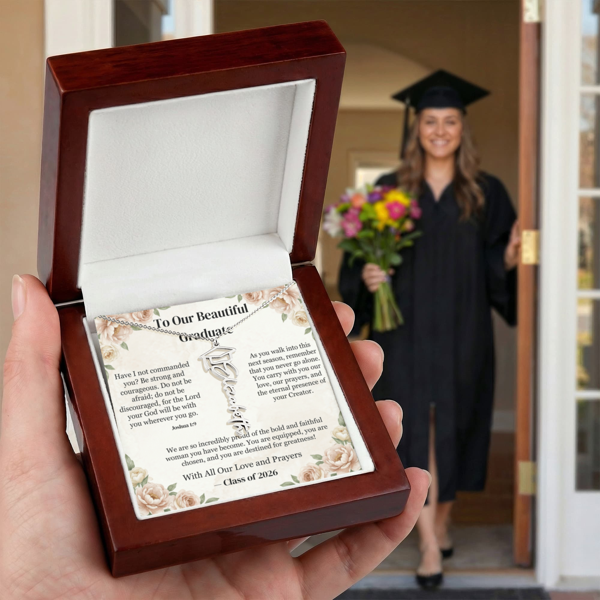 Strength and Courage Joshua 1:9 Personalized Graduation Cap Name Necklace - Christian Graduation Gift for Her - Signature Script Nameplate in Luxury LED Box