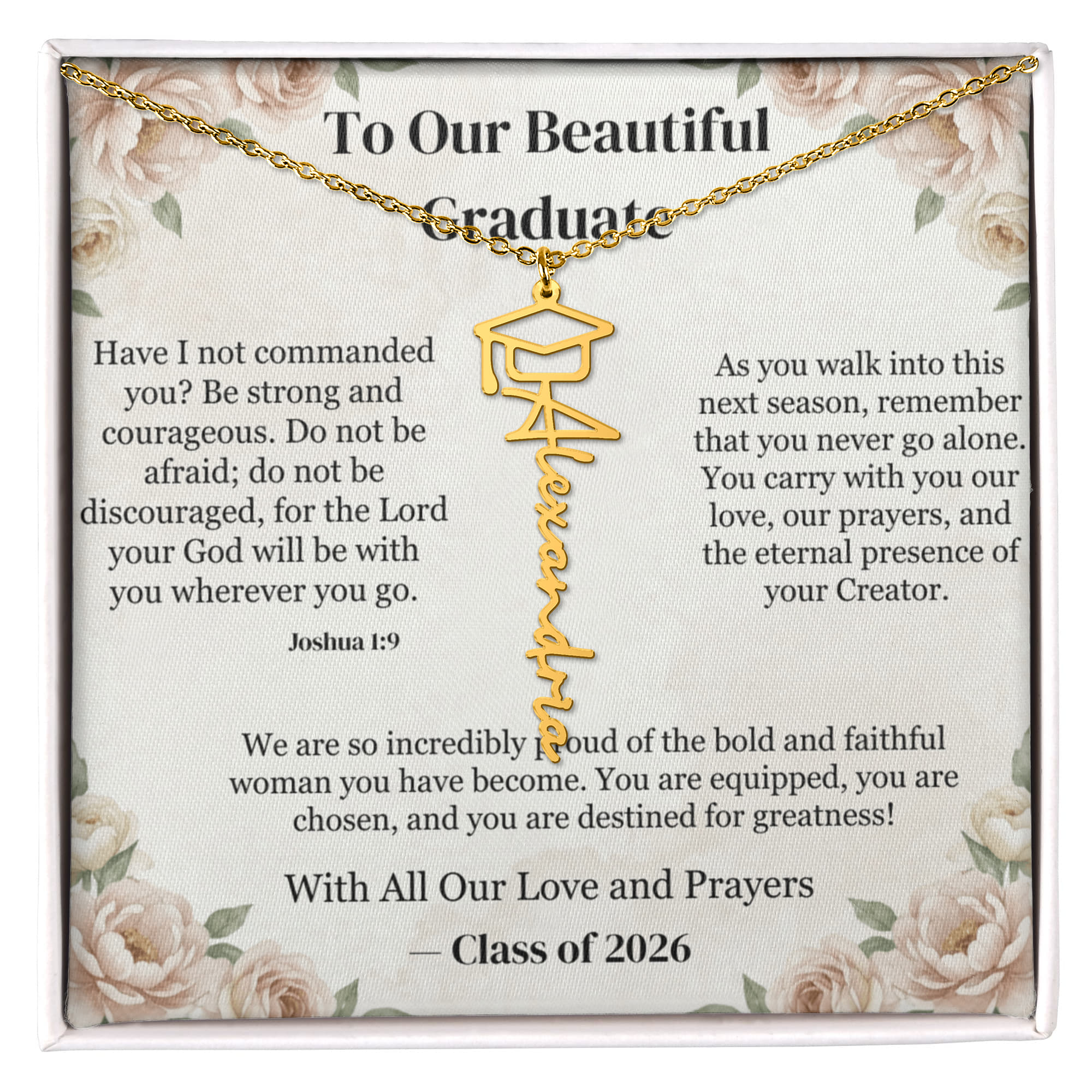 Strength and Courage Joshua 1:9 Personalized Graduation Cap Name Necklace - Christian Graduation Gift for Her - Signature Script Nameplate in Luxury LED Box