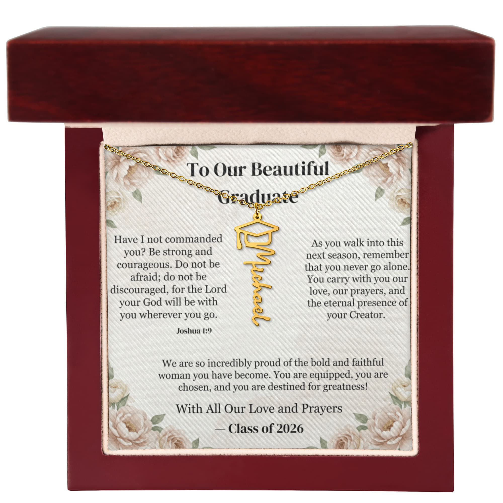 Strength and Courage Joshua 1:9 Personalized Graduation Cap Name Necklace - Christian Graduation Gift for Her - Signature Script Nameplate in Luxury LED Box