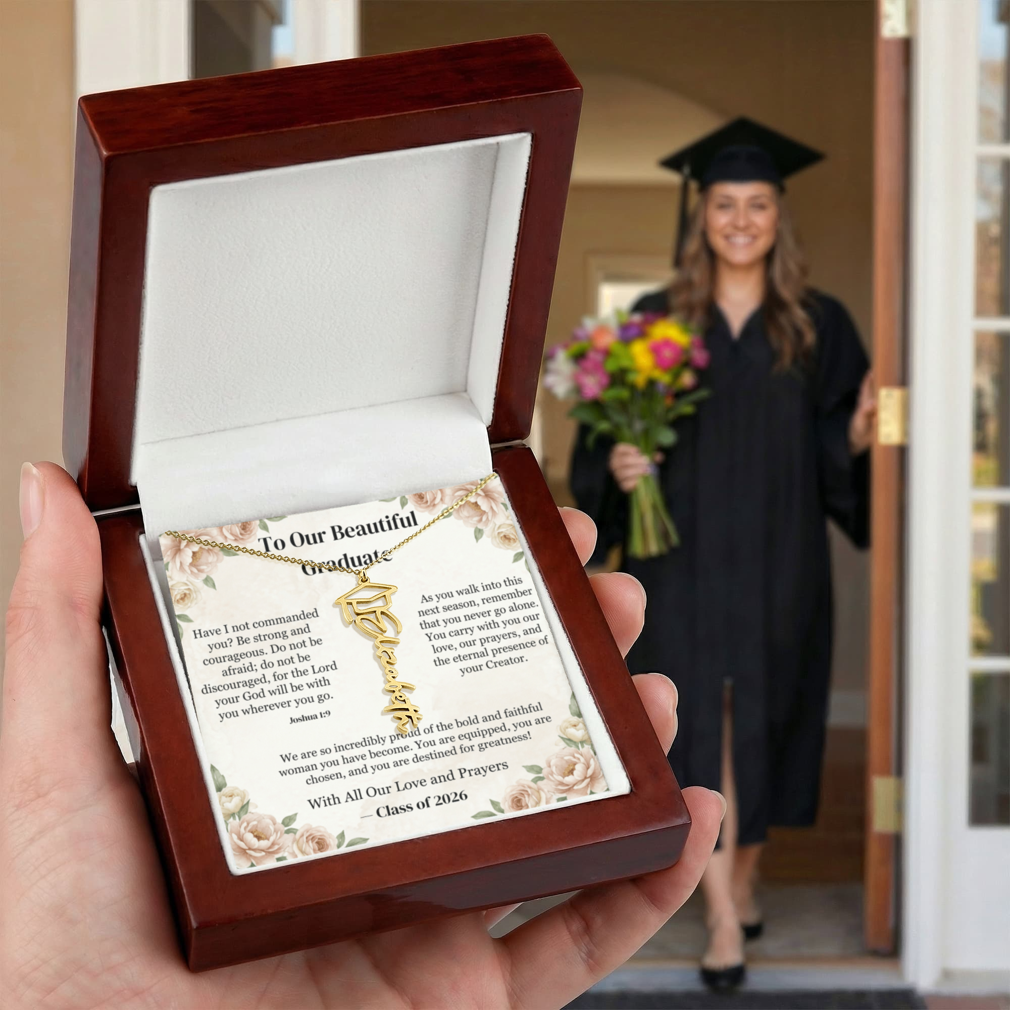Strength and Courage Joshua 1:9 Personalized Graduation Cap Name Necklace - Christian Graduation Gift for Her - Signature Script Nameplate in Luxury LED Box