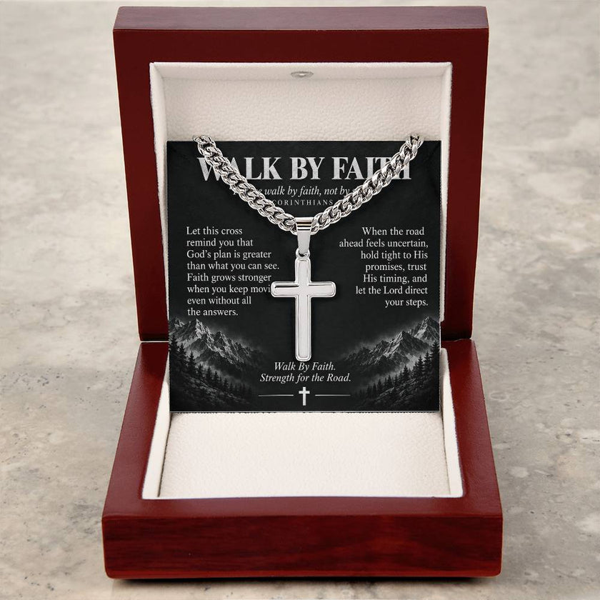 Walk By Faith – Strength for the Road Cross Necklace
