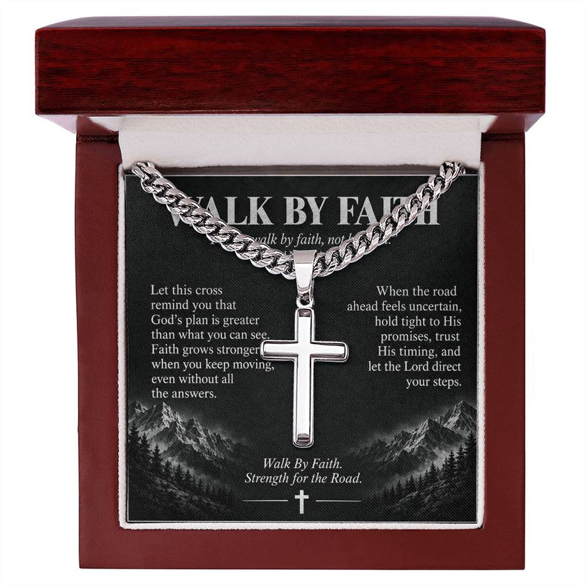 Walk By Faith – Strength for the Road Cross Necklace