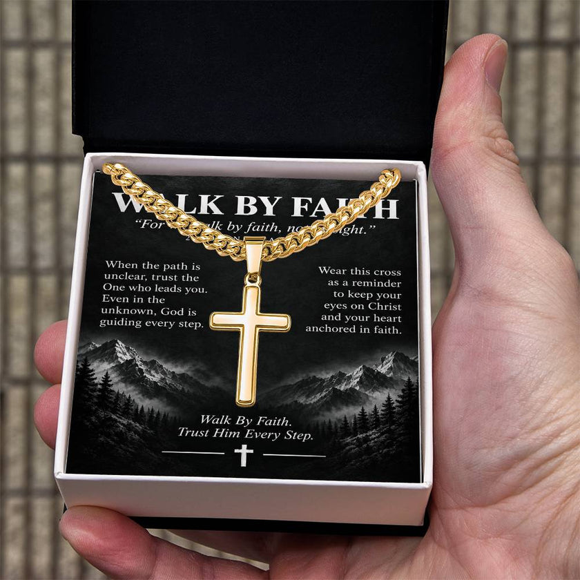 Walk By Faith – Trust Him Every Step Cross Necklace