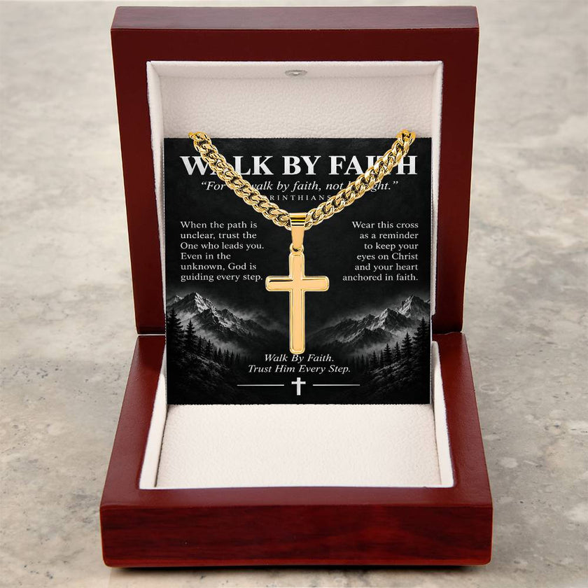 Walk By Faith – Trust Him Every Step Cross Necklace