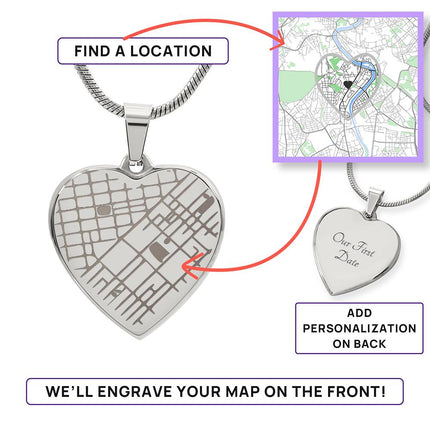 Personalized Map Heart Necklace - Your Special Place, Engraved Forever