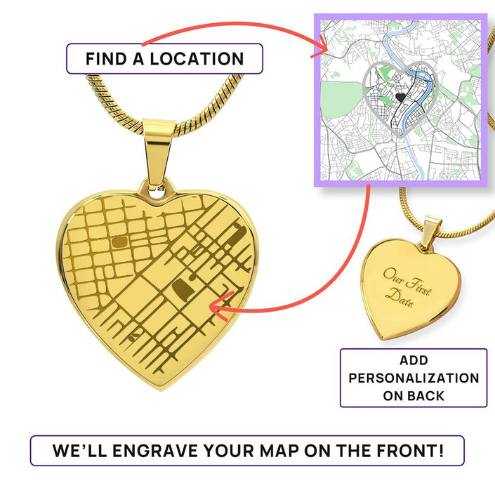 Personalized Map Heart Necklace - Your Special Place, Engraved Forever