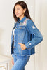 Baeful Leopard Floral Distressed Raw Hem Denim Jacket - Carbone's Marketplace