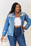 Baeful Leopard Floral Distressed Raw Hem Denim Jacket - Carbone's Marketplace