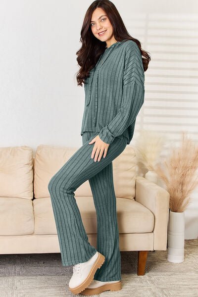 Basic Bae Full Size Ribbed Drawstring Hood Top and Straight Pants Set - Carbone's Marketplace