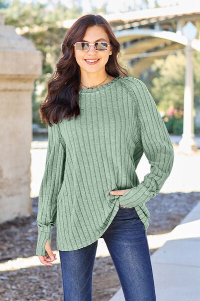 Basic Bae Full Size Ribbed Round Neck Long Sleeve Knit Top - Carbone's Marketplace