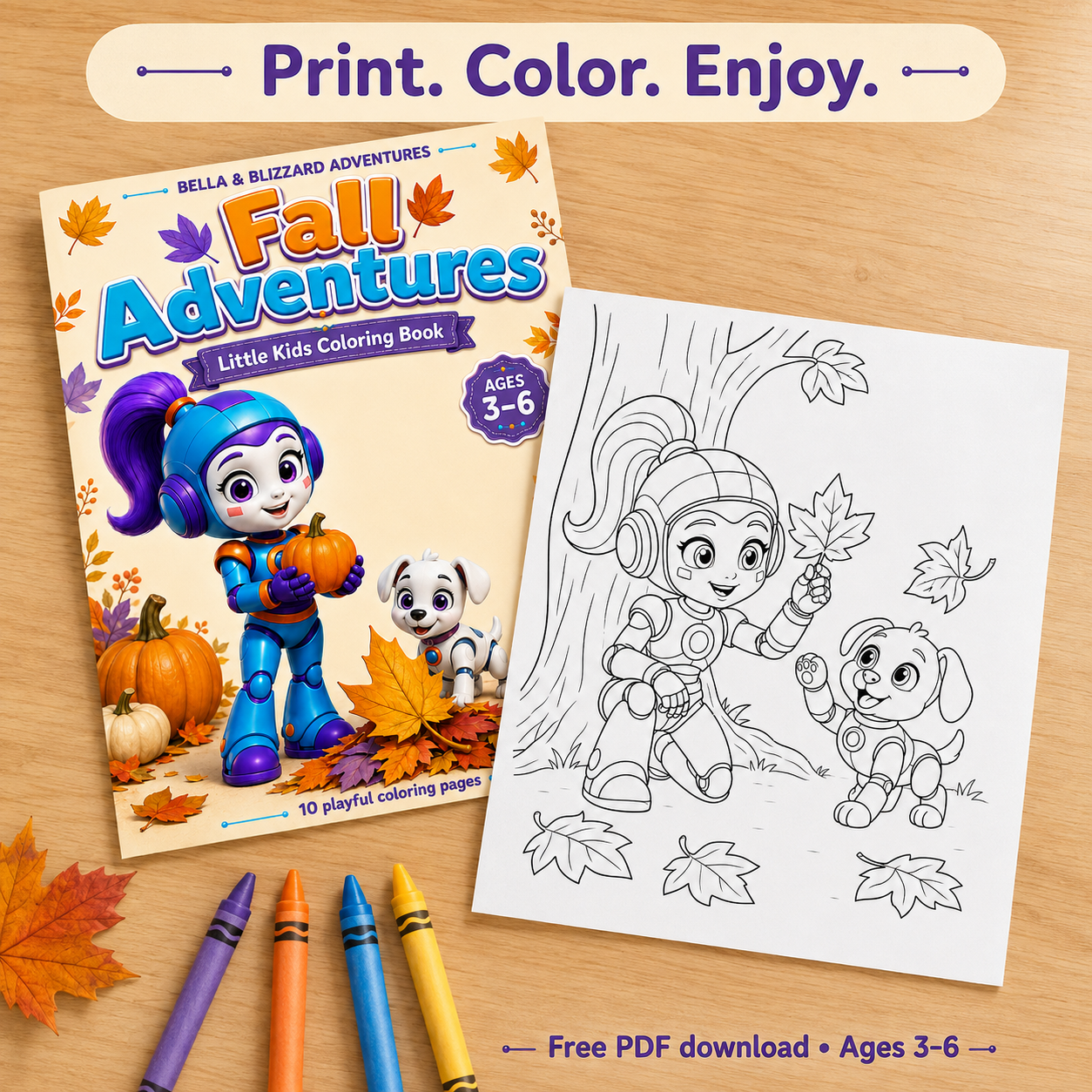 Bella and Blizzard printable pages on a craft table with crayons; free PDF download