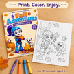Bella and Blizzard printable pages on a craft table with crayons; free PDF download