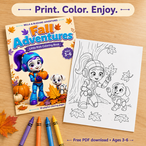 Bella and Blizzard printable pages on a craft table with crayons; free PDF download