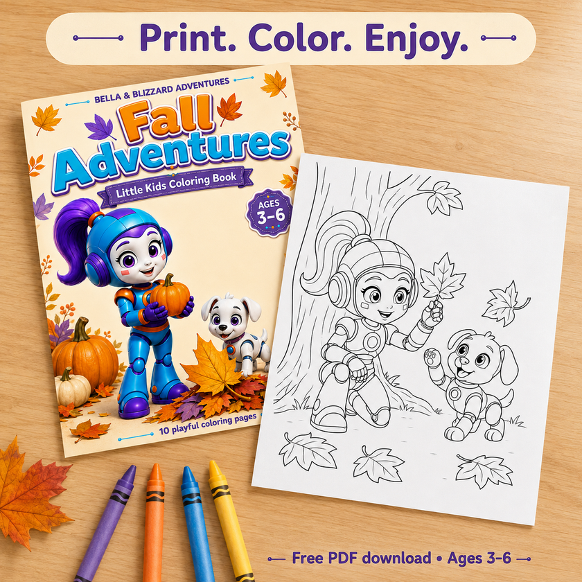 Bella and Blizzard printable pages on a craft table with crayons; free PDF download