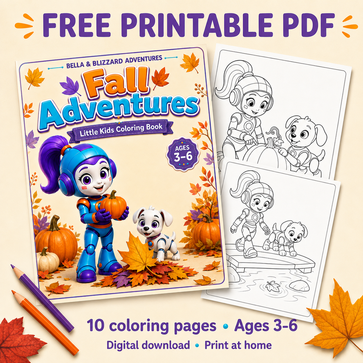 Free printable Bella and Blizzard Fall Adventures coloring book, ages 3–6