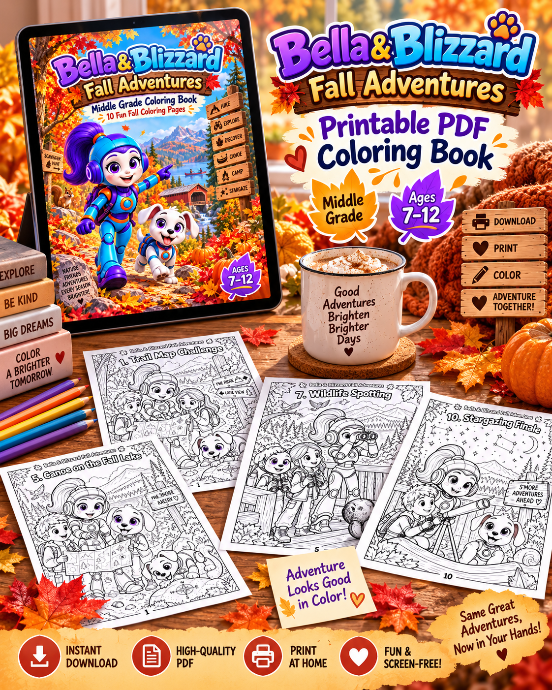 Bella and Blizzard Fall Adventures middle grade coloring book interior preview