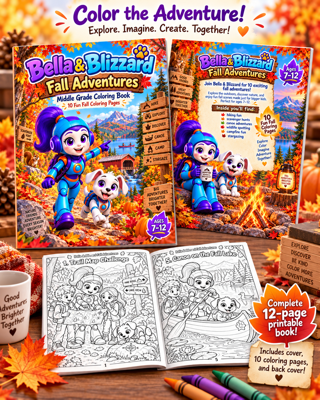 Bella and Blizzard Fall Adventures middle grade coloring book mockup