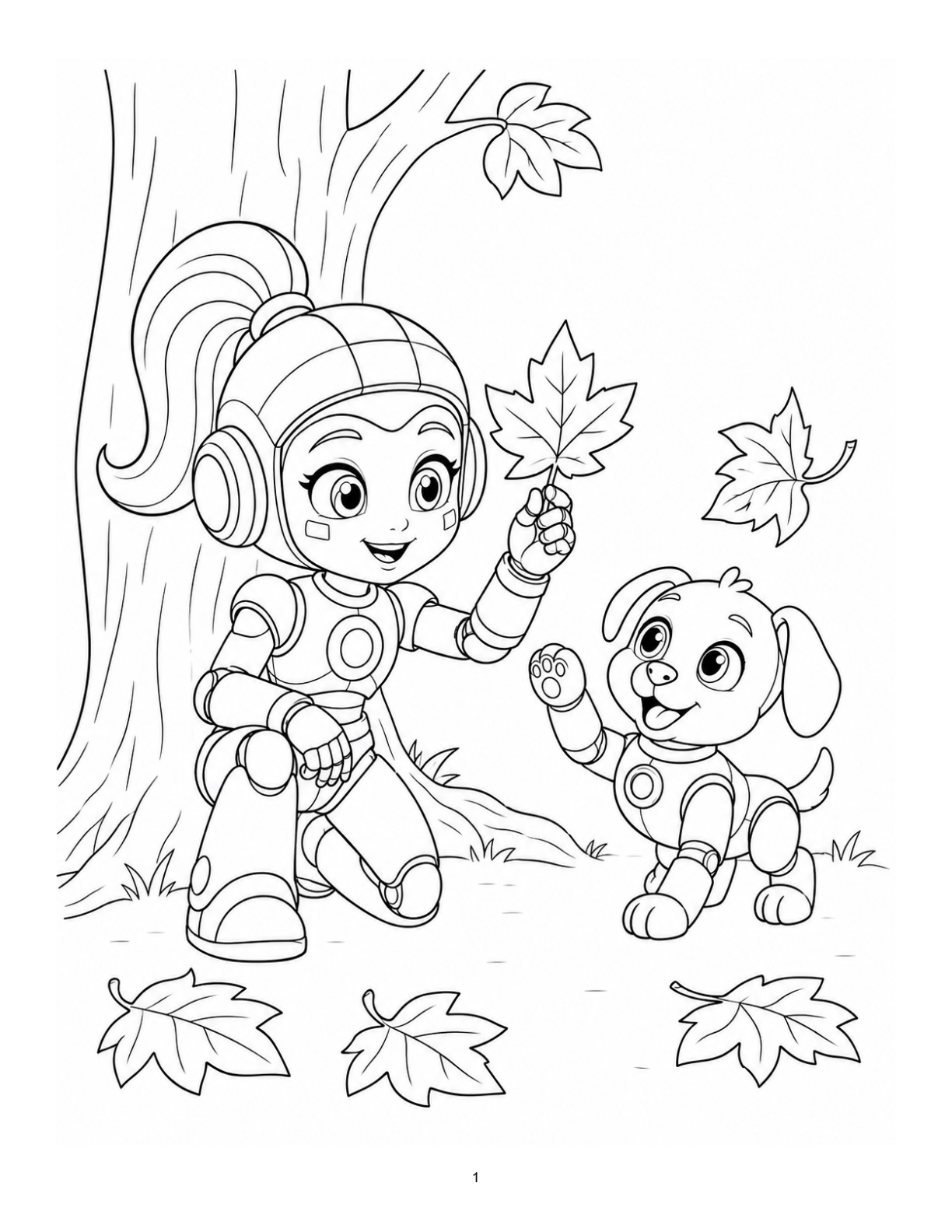 Actual sample page 1: Bella and robotic puppy Blizzard discovering autumn leaves