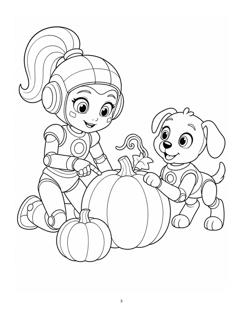 Actual sample page 3: Bella and Blizzard choosing a pumpkin