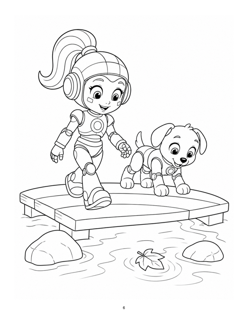 Actual sample page 6: Bella and Blizzard crossing a little bridge