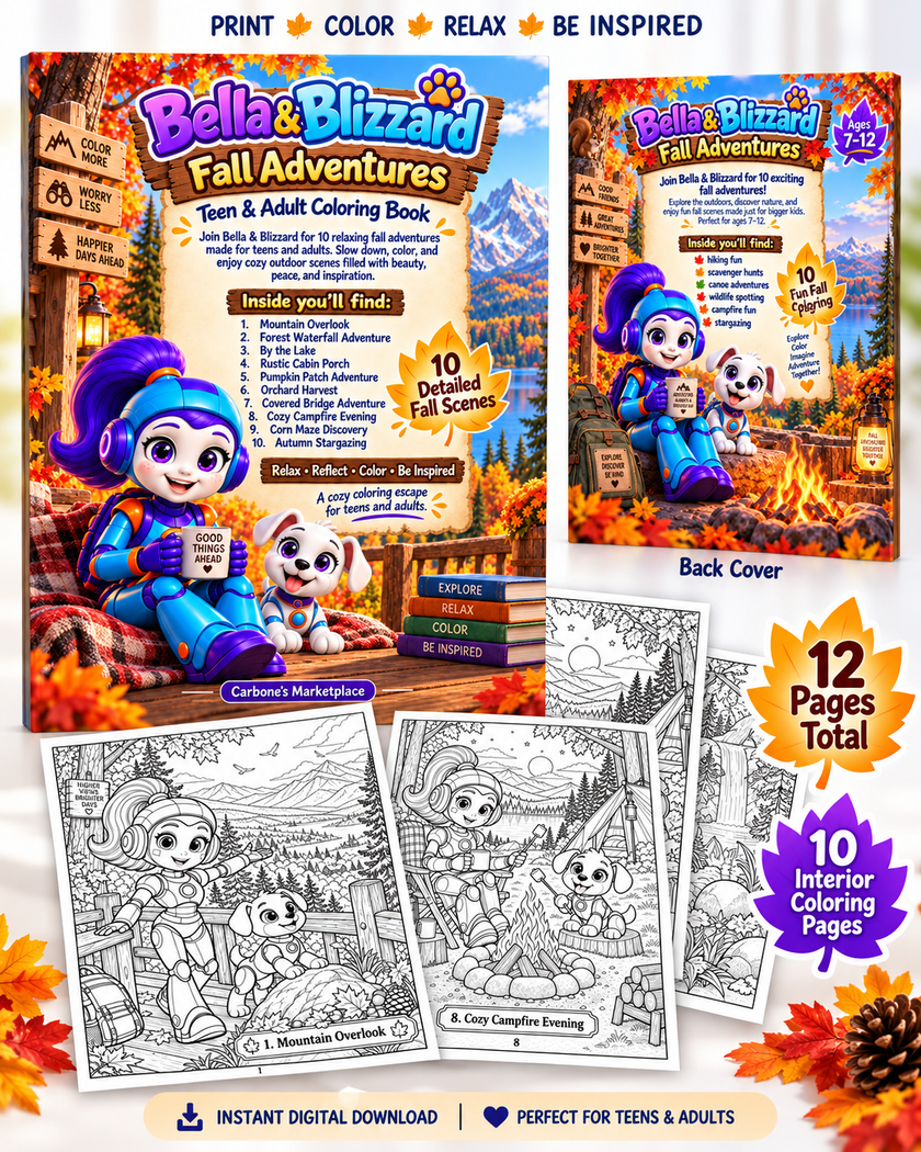 Bella and Blizzard Teen and Adult Fall Adventures coloring book mockup