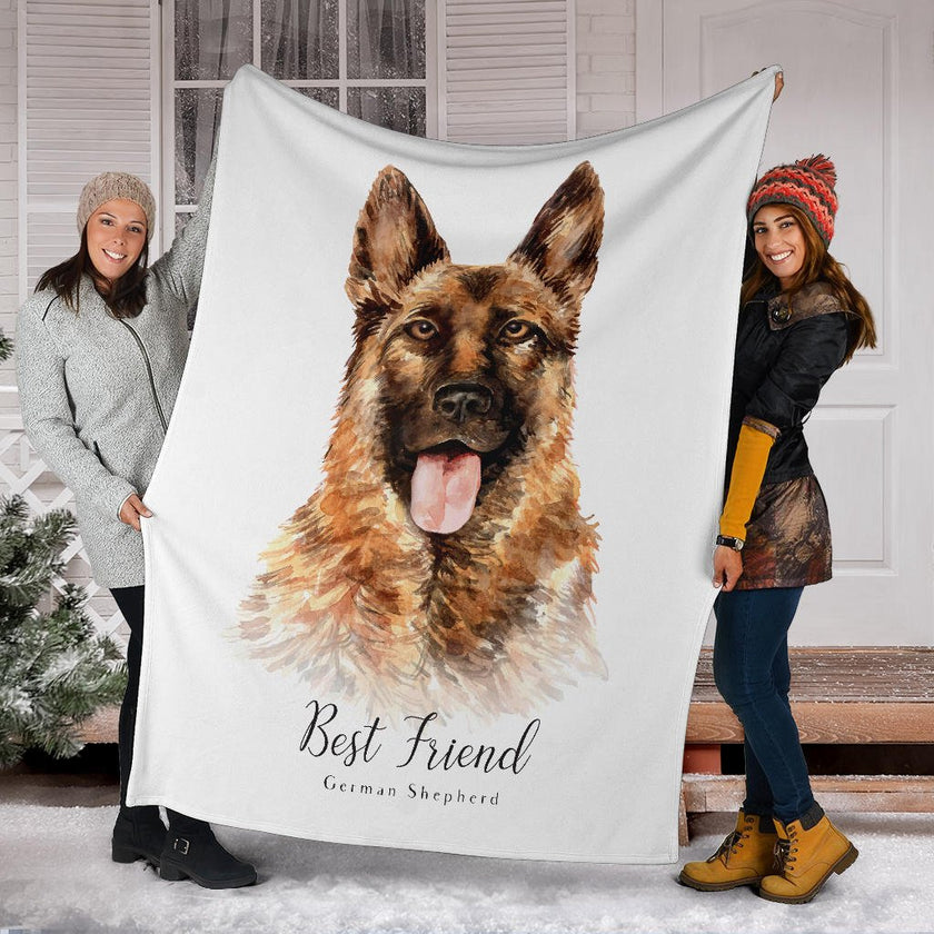 Best Friend German Shepherd Premium Blanket, Watercolor Dog Portrait Drawing - Carbone's Marketplace