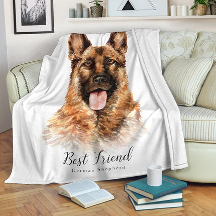 Best Friend German Shepherd Premium Blanket, Watercolor Dog Portrait Drawing - Carbone's Marketplace