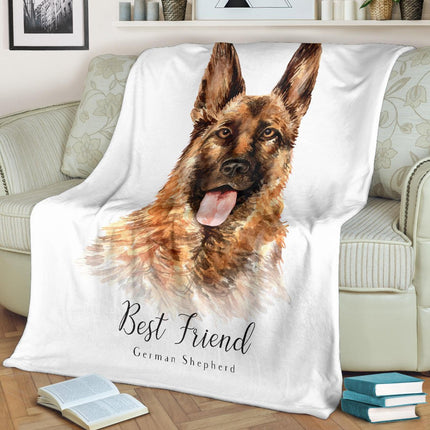 Best Friend German Shepherd Premium Blanket, Watercolor Dog Portrait Drawing - Carbone's Marketplace