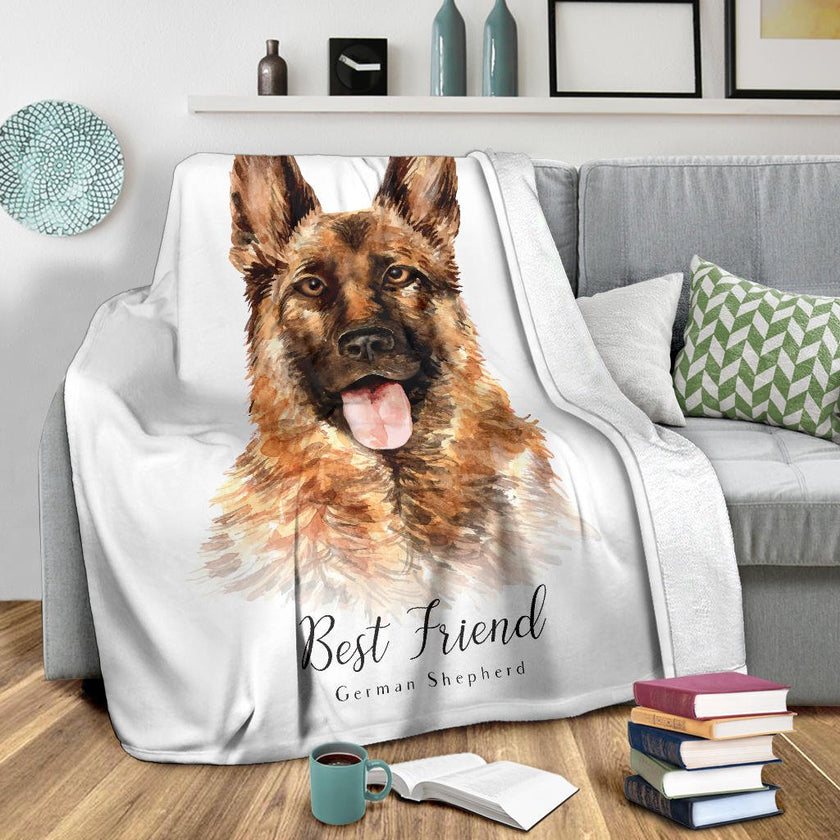 Best Friend German Shepherd Premium Blanket, Watercolor Dog Portrait Drawing - Carbone's Marketplace