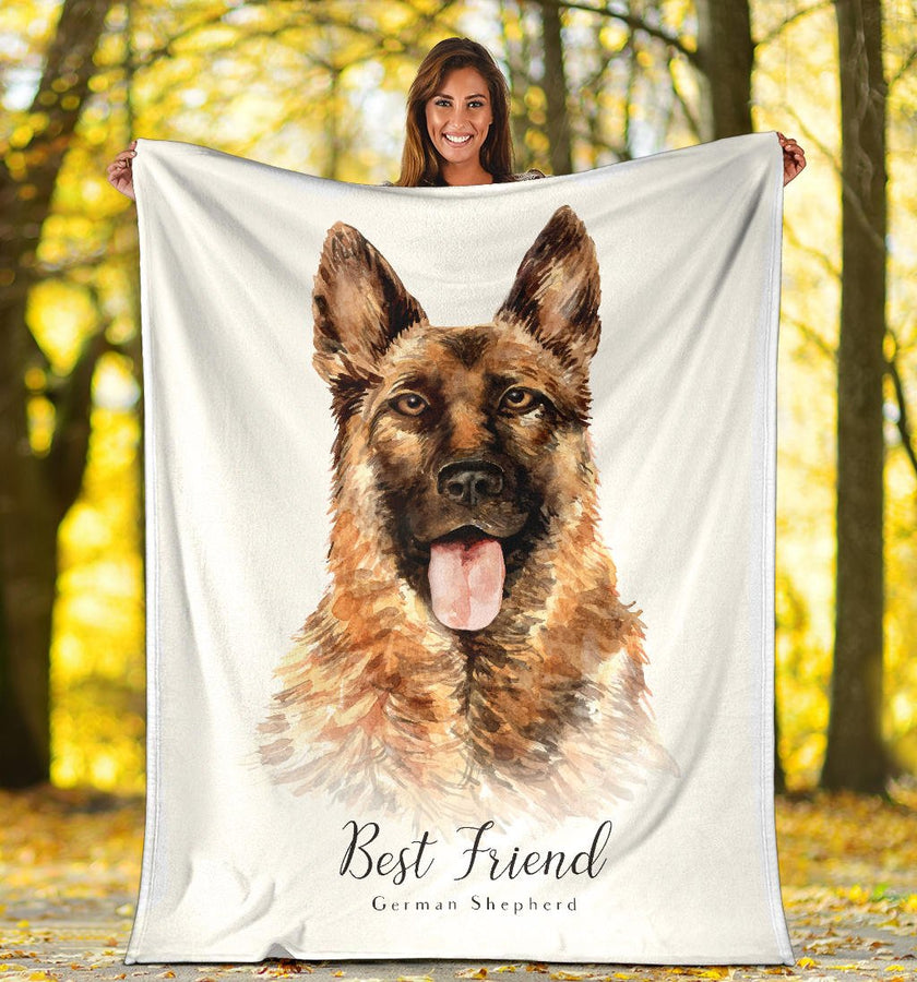 Best Friend German Shepherd Premium Blanket, Watercolor Dog Portrait Drawing - Carbone's Marketplace