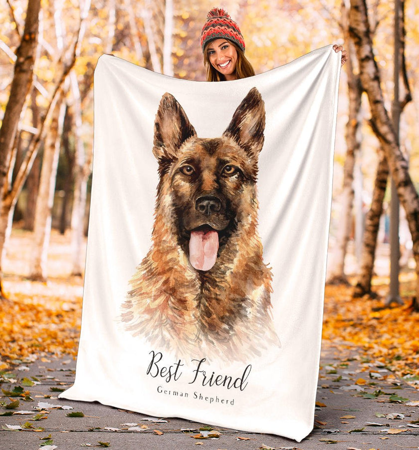 Best Friend German Shepherd Premium Blanket, Watercolor Dog Portrait Drawing - Carbone's Marketplace
