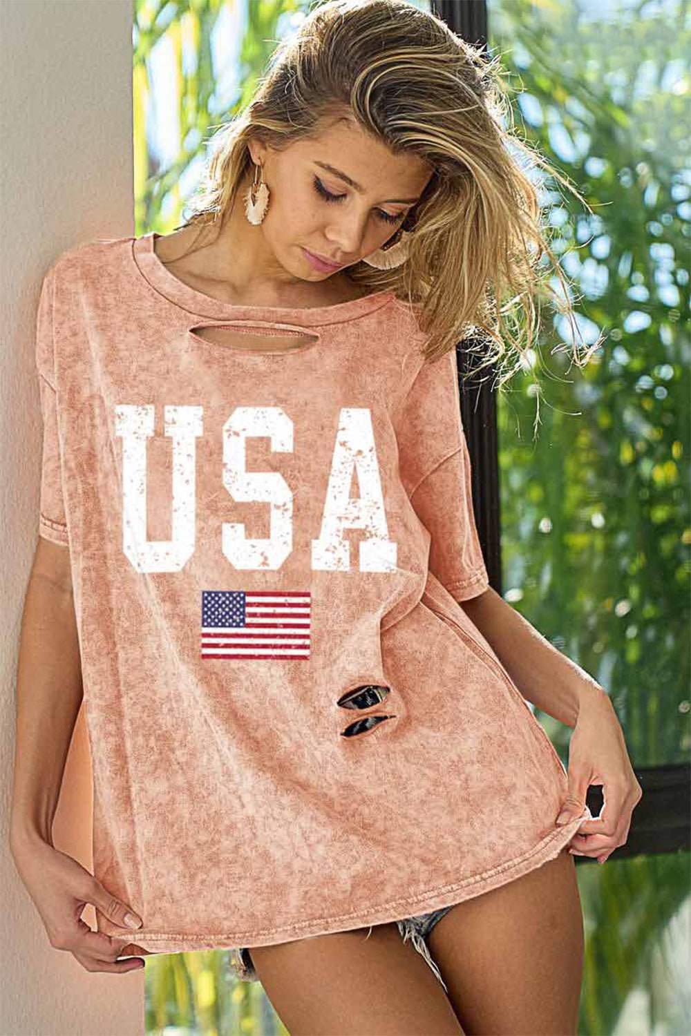 BiBi Washed American Flag Graphic Distressed T-Shirt - Carbone's Marketplace