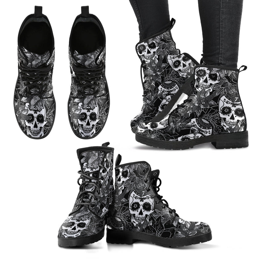 Black & White Sugar Skull V2 Handcrafted Boots - Carbone's Marketplace